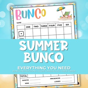 Summer Bunco Printable Party Pack and Scorecards, Bunco Game Rules, Tally Sheet, Download, Summer Party Game, Season Dice Game