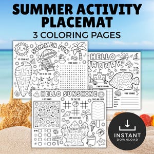 Könnte beinhalten: Sommer-Aktivitäts-Platzset mit drei Ausmalbildern. Die Schwarz-Weiß-Designs umfassen Labyrinthe, Wortsuchrätsel und andere sommerliche Aktivitäten. Die Platzsets tragen die Aufschrift "Summer Fun" und "Hello Sunshine".