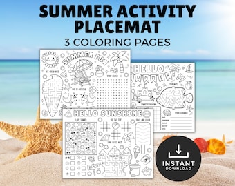 Summer Activity Placemats, 3 Fun Coloring Designs for Kids, Printable Summer Placemats, Summertime activity, Coloring sheets