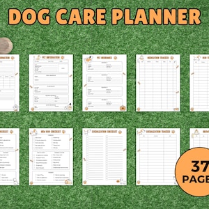 May include: A Dog Care Planner with 37 pages, featuring various checklists and trackers for pet information, insurance, medication, and socialization. The planner includes a puppy checklist and a growth tracker, all set against a green background.