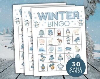 Winter Bingo, Winter Party Game, 30 Printable Kids Winter themed Bingo Cards, Classroom Games, Youth Group Activity