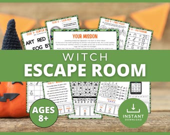 May include: A Witch Escape Room game with various clues and puzzles. The design features a green banner with the words "Witch Escape Room" in large white letters. Includes a pumpkin, witch hat, and the text "Ages 8+".