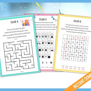 May include: Three colourful printable clue cards for a birthday treasure hunt game. The first card has a maze with letters to collect. The second card has a grid with symbols and letters. The third card has a grid with numbers and letters.
