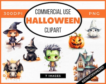 Halloween Clipart, Transparent Background PNG Files, Watercolor Halloween Clip Art, Commercial Use Graphics, Witch, Ghost, Haunted House