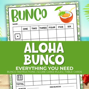 Aloha Bunco Printable Party Pack and Scorecards, Tropical Party Game, Bunco Game Rules, Tally Sheet, Download, Summer Dice Game