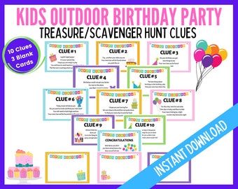 Outdoor Treasure Hunt Clues, Outdoor Birthday Scavenger Hunt Clues, Birthday Party Treasure Hunt Cards, Printable Treasure Hunt Clues