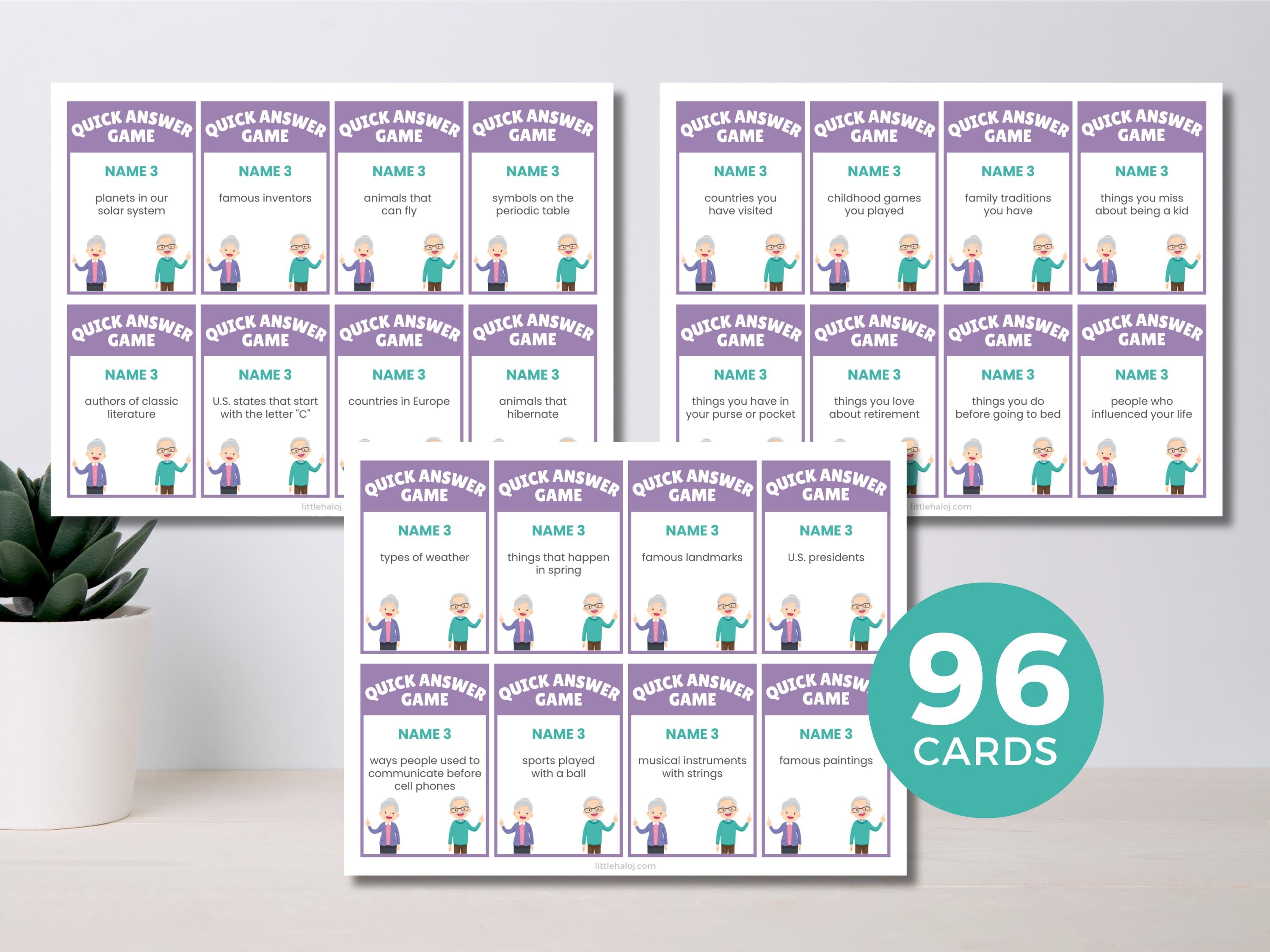 Quick Answer Game, Dementia Activities for Seniors, Dementia Activities