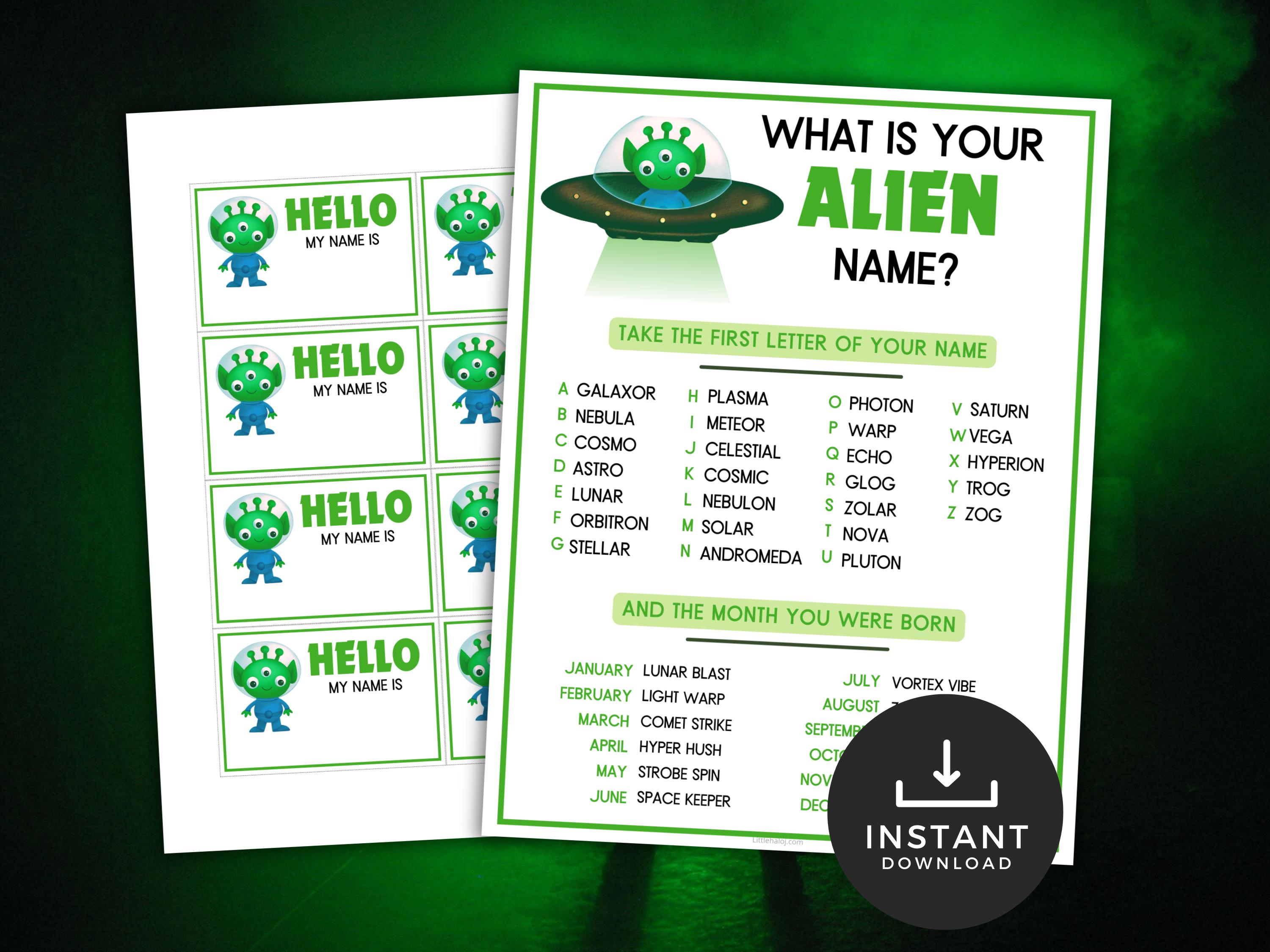 What's Your Alien Name Game, Printable Alien Party Game, Birthday Party ...