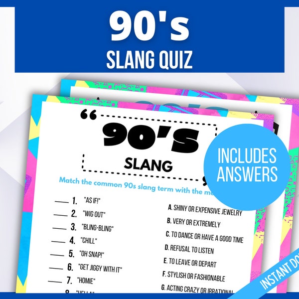 90s Slang Quiz, 1990s Slang Match Game, 90s Printable Party Game, 1990s Trivia, Nineties Party, Back to the 90s, Millennial Birthday