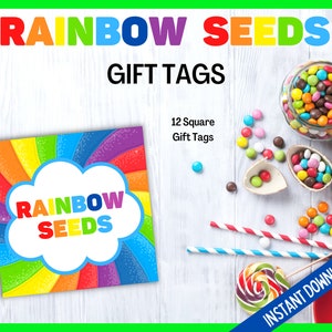 Etiqueta de semillas de arco iris, etiquetas de regalo de semillas de arco iris, tarjetas de semillas de arco iris, etiqueta cuadrada de arco iris imprimible, etiquetas de regalo del día de San Patricio, semillas de San Paddy