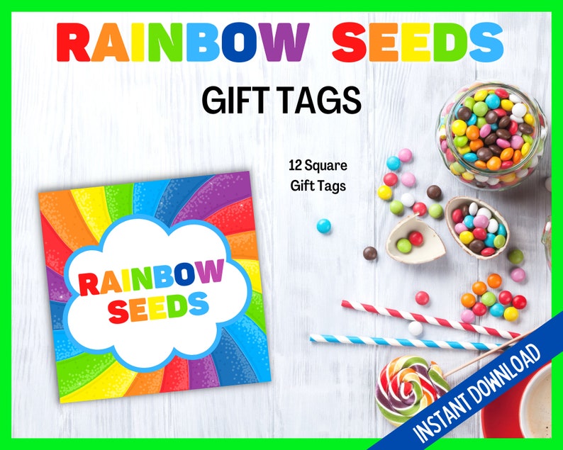 Rainbow Seeds Tag, Rainbow Seeds Gift Tags, Rainbow Seeds Cards, Printable Rainbow Square Tag, St Patrick's Day Gift Tags, St Paddy's Seeds image 1
