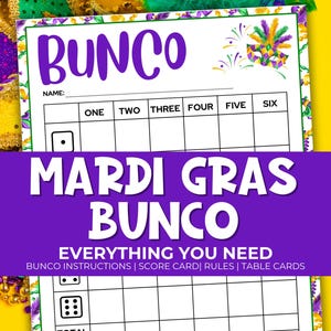 Mardi Gras Bunco Printable Party Pack and Scorecards, Bunco Game Rules, Tally Sheet, Download, Mardi Gras Party Game, Mardi Gras Dice Game