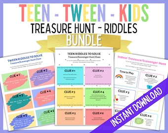 May include: A set of printable treasure hunt riddle cards for kids and tweens. The cards are colorfully designed with pink, blue, green, and yellow backgrounds. Each card has a riddle and a clue number. The cards are labeled "Tween Riddles to Solve", "Teen Riddles to Solve", and "Indoor Treasure/Scavenger Hunt".