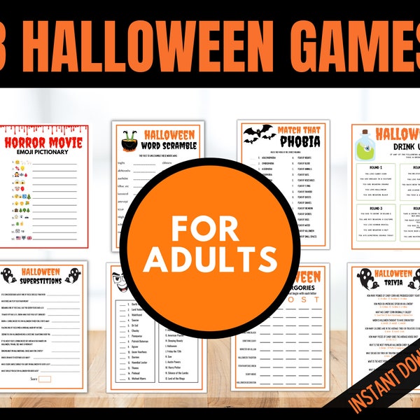 Paquete de 8 juegos de Halloween, Juego de Halloween para adolescentes y adultos, Juegos imprimibles de Halloween, Actividades divertidas de Halloween, Juegos espeluznantes,