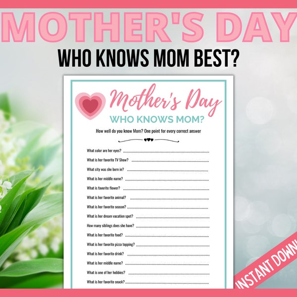Who Knows Mom Best, Printable Mothers Day Games for Kids and Adults, Mother's Day Activity, Mom Party Game, Who Knows Mama Best