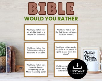 May include: A Bible-themed "Would You Rather" game with six question cards in gold frames. The title "BIBLE WOULD YOU RATHER" is at the top. A black circle with "INSTANT DOWNLOAD" is at the bottom. A mug and a framed print are also visible.