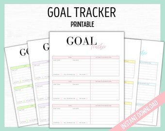 May include: A stack of printable goal tracker sheets with a minimalist design. The sheets feature sections for goals, start and due dates, actions, and progress tracking. The text "GOAL TRACKER PRINTABLE" is at the top. The words "INSTANT DOWNLOAD" are on a pink diagonal banner.