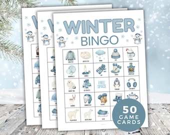 Winter Bingo, Winter Party Game, 50 Printable Kids Winter themed Bingo Cards, Classroom Games, Youth Group Activity