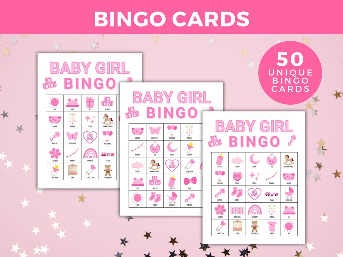 Baby Girl Bingo, Pink Baby Bingo, 50 Printable Baby Shower Bingo Cards ...