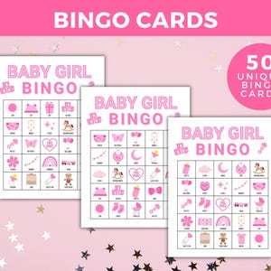 Baby Girl Bingo, Pink Baby Bingo, 50 Printable Baby Shower Bingo Cards ...