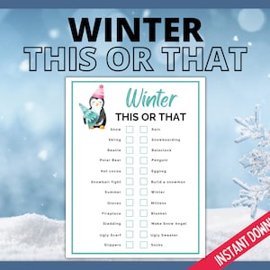 Winter This or That, Wintertime Activity, Cold Weather Fun Game for Kids, Teens and Adults, Fun Family Games, Holiday Party Game