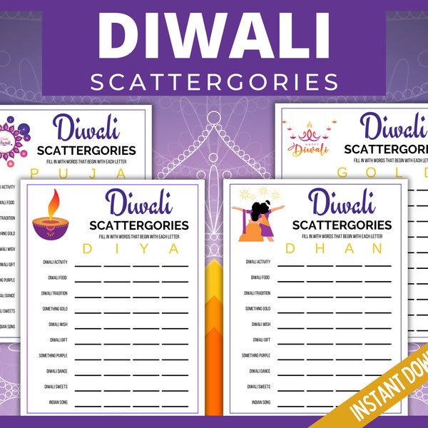 Diwali Scattergories, druckbares Diwali Spiel für Jugendliche und Erwachsene, Diwali-Aktivität