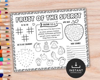 Actividad de mantel individual del fruto del Espíritu, página para colorear imprimible, actividad divertida para colorear del fruto del Espíritu