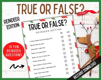 May include: A printable true or false quiz about reindeer with 10 questions. The quiz is in a red and green color scheme with a white background. The title is "True or False? Reindeer Edition".