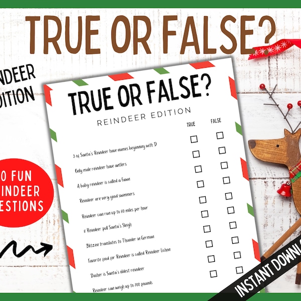 Reindeer True or False, Christmas Fact or Fiction, True or False Game, Fun Teen Games, Christmas Printable Games, Reindeer Trivia