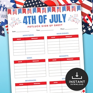 4th of July Potluck Sign Up Sheet, Fourth July Potluck, Independence Day Party Food Sign Up Sheet, Backyard BBQ potluck