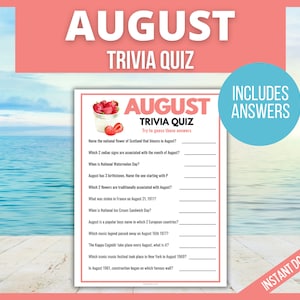 August Trivia Game, Summer Trivia Quiz, Summer Games, Summer Printable Games, Summer Party Games, Summer Family Quiz Printable, Classroom