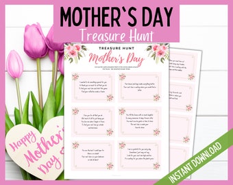 Mother's Day Treasure Hunt Clues, Mother's Day Scavenger Hunt, Mothers Day Clue Cards, Pretty Pink Floral Design, Mother's Day Game