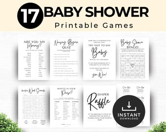 Minimalist Baby Shower Games Bundle, Modern Baby Shower, Black and White Baby Shower, Diaper Raffle, Nursery Rhyme Games, Printable, Instant