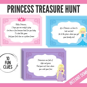 Chasse au trésor d'anniversaire de princesse, Indices de chasse au trésor de princesse, Indices de fête de princesse de conte de fées, Cartes de chasse au trésor fête de princesse, Filles