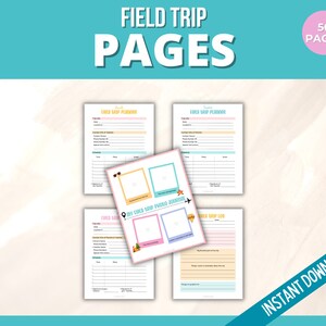 Puede incluir: P&aacute;ginas imprimibles de planificador de excursiones y diario con un tema de verano. Las p&aacute;ginas est&aacute;n decoradas con ilustraciones coloridas de gafas de sol, un avi&oacute;n, una palmera y un cono de helado. El texto "Field Trip Planner" y "My Field Trip Photo Journal" es visible en las p&aacute;ginas. El texto "50 Pages" y "Descarga instant&aacute;nea" tambi&eacute;n es visible.