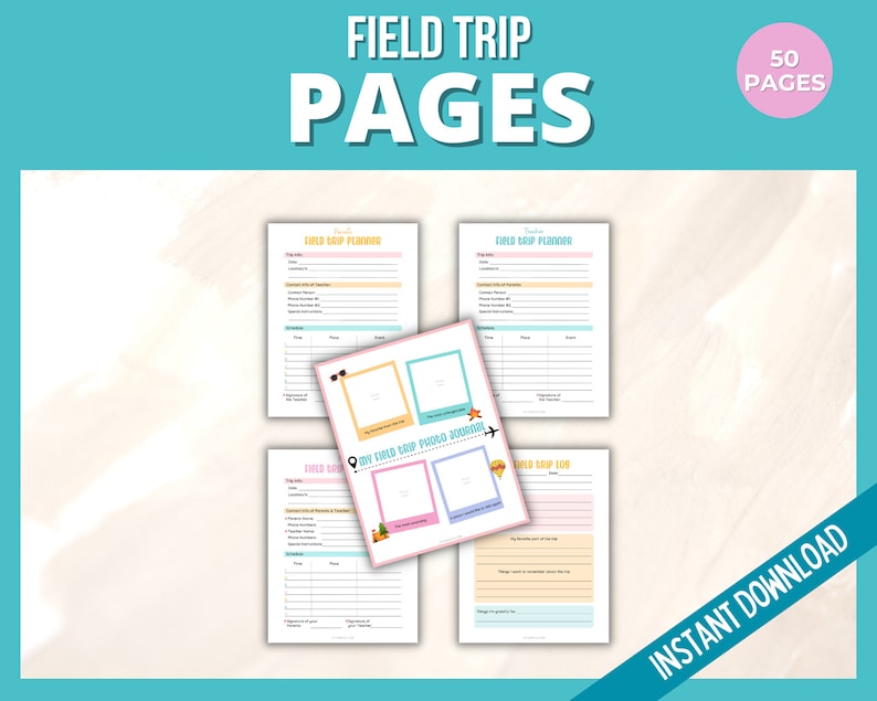 Puede incluir: P&aacute;ginas imprimibles de planificador de excursiones y diario con un tema de verano. Las p&aacute;ginas est&aacute;n decoradas con ilustraciones coloridas de gafas de sol, un avi&oacute;n, una palmera y un cono de helado. El texto "Field Trip Planner" y "My Field Trip Photo Journal" es visible en las p&aacute;ginas. El texto "50 Pages" y "Descarga instant&aacute;nea" tambi&eacute;n es visible.