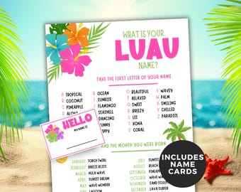 May include: A printable luau name game with a pink and green tropical theme. The game instructs players to take the first letter of their name and find the corresponding word on the list. The game also includes a section for the month of birth. The game includes name cards.