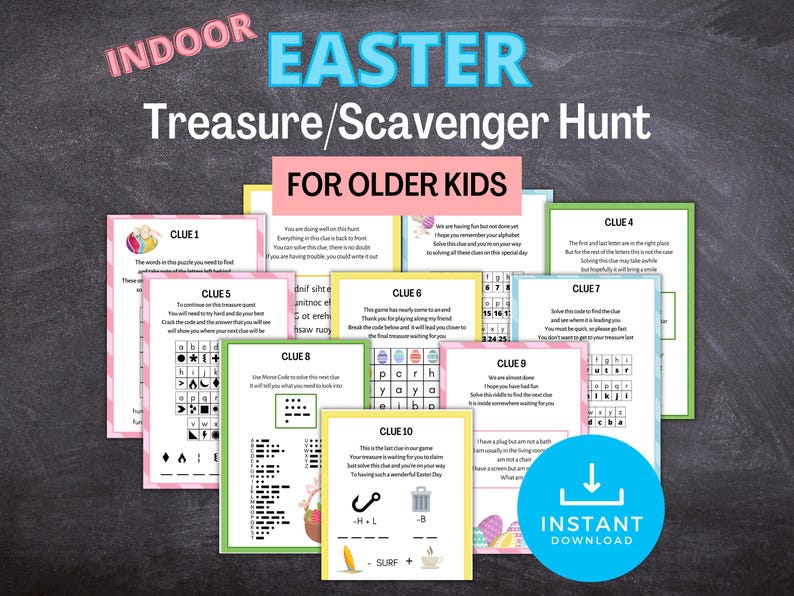 May include: A printable Easter scavenger hunt designed for older children. The colourful cards feature a range of puzzles and riddles, including a word search, a code breaker, and a maze. The cards are decorated with Easter-themed graphics, such as eggs, bunnies, and baskets.