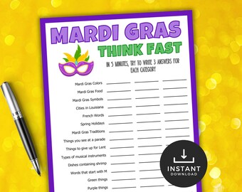 Mardi Gras Think Fast Game, Printable Mardi Gras Game, Mardi Gras Trivia Activity, New Orleans, Fat Tuesday Quiz,Mardi Gras Group Party game