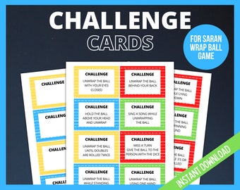 Printable Saran Wrap Ball Game Challenge Cards, Plastic Wrap Ball Game Cards, Party Game cards for Kids, Tweens and Teens