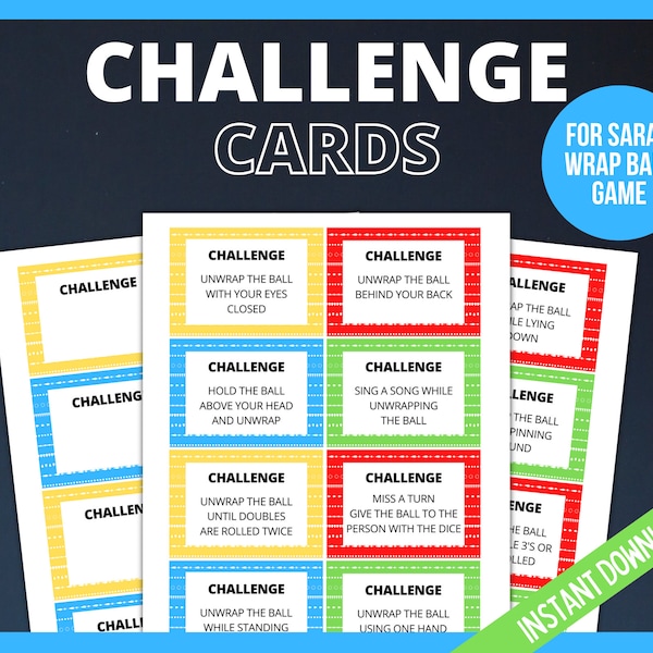 Printable Saran Wrap Ball Game Challenge Cards, Plastic Wrap Ball Game Cards, Party Game cards for Kids, Tweens and Teens