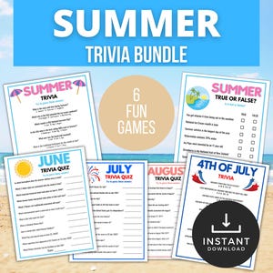 Summer Trivia Game Bundle, Summer Trivia Quiz, June, July, August Games, Summer Printable Games, Party Games, Summer Family Quiz Printable