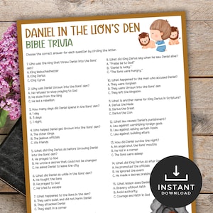 May include: A Bible trivia game titled "Daniel in the Lion's Den" with multiple-choice questions. The game features illustrations of children and lions. The words "Instant Download" are also visible.