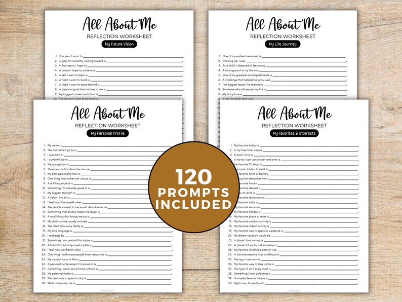 May include: Four white reflection worksheets titled All About Me with black text. Each sheet features specific categories: My Future Vision, My Life Journey, My Personal Profile, and My Favorites & Interests. A brown circle overlay states 120 PROMPTS INCLUDED.