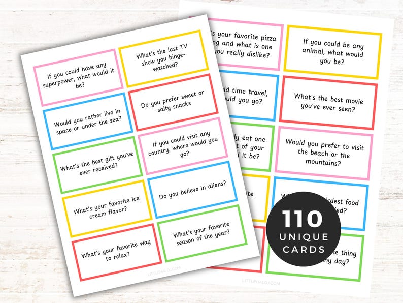 May include: A set of 110 colorful cards with unique conversation starter questions printed on them. The cards are designed to spark interesting conversations and get to know people better.