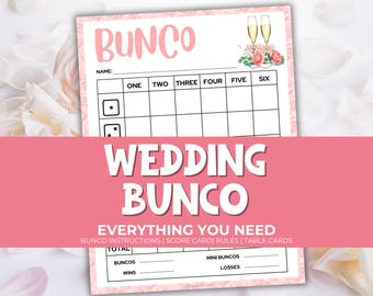 Bruiloft Bunco afdrukbaar feestpakket en scorekaarten, Bunco-spelregels, rekenblad, download, vrijgezellenspel, dobbelspel