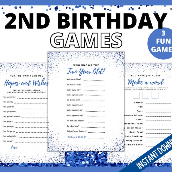 Second Birthday Party Games, Who Knows the Two year old, Hopes and Wishes Party Game, Make a Word Game, 2nd Birthday Party Games