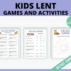 Op de afbeelding: Een printbare set van 30 pagina's met kinderspellen en activiteiten voor de vasten, met de focus op het Laatste Avondmaal. De pagina's bevatten een verscheidenheid aan activiteiten, waaronder meerkeuzevragen, invul-de-lege-plekken en een woordzoeker.