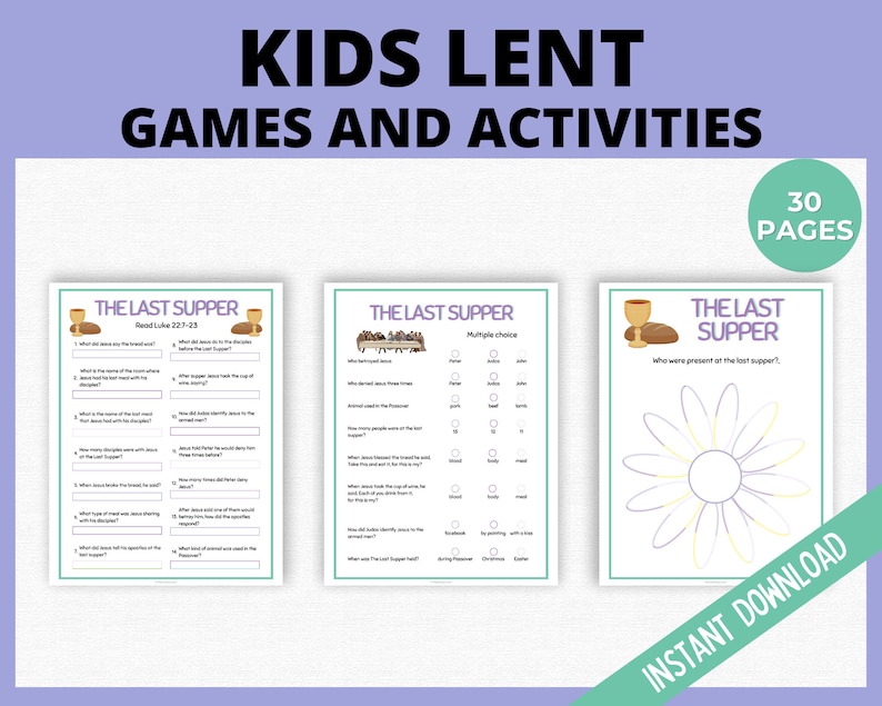 Op de afbeelding: Een printbare set van 30 pagina's met kinderspellen en activiteiten voor de vasten, met de focus op het Laatste Avondmaal. De pagina's bevatten een verscheidenheid aan activiteiten, waaronder meerkeuzevragen, invul-de-lege-plekken en een woordzoeker.