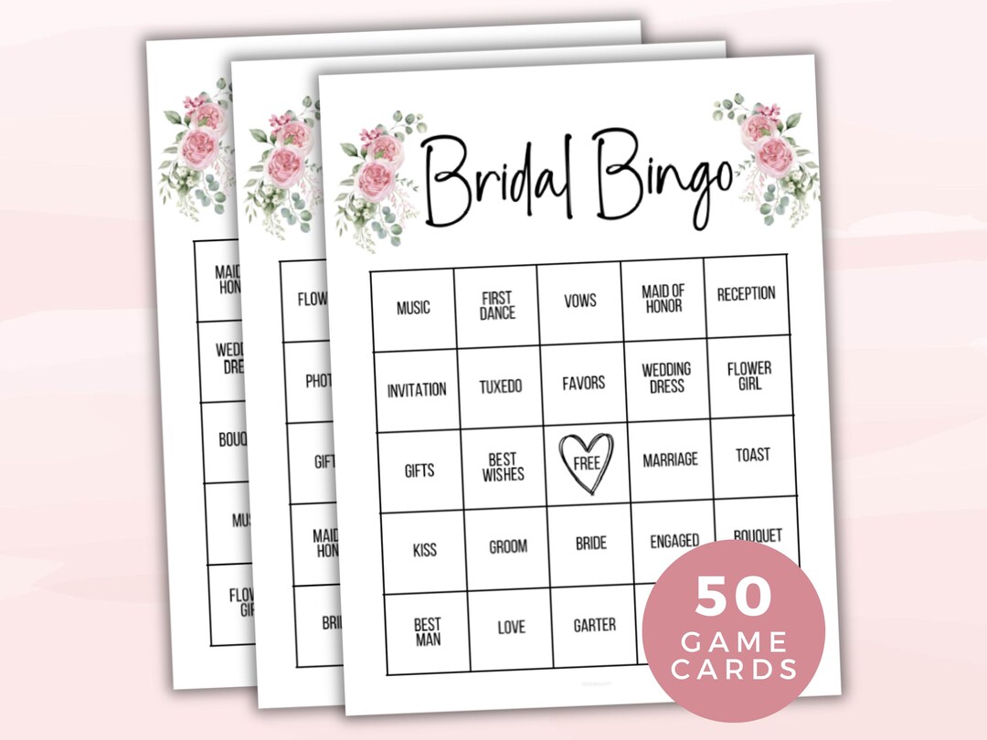 Bridal Bingo Pink, 50 Printable Wedding Bingo Cards, Bridal Shower ...